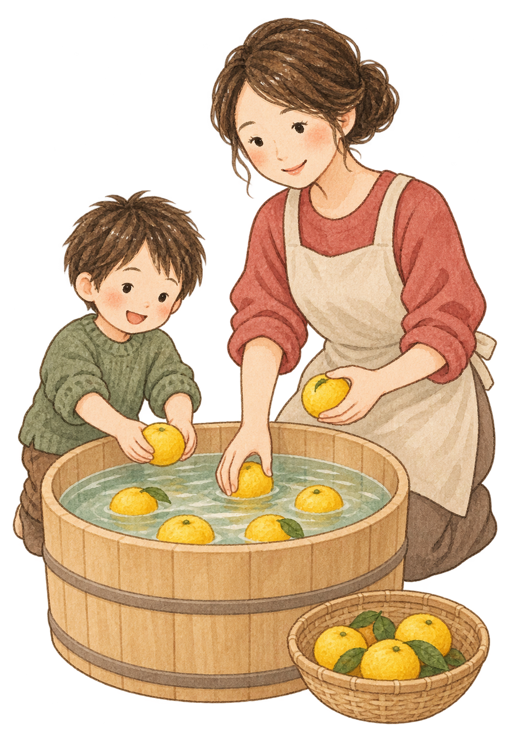 ゆずを浴槽へ入れる親子の水彩イラスト｜冬至の無料素材 103175に写真・文字を入れる