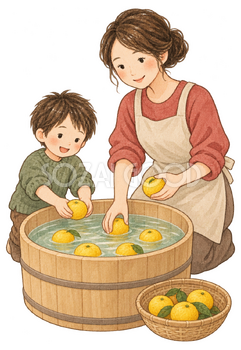 ゆずを浴槽へ入れる親子の水彩イラスト｜冬至の無料素材 103175