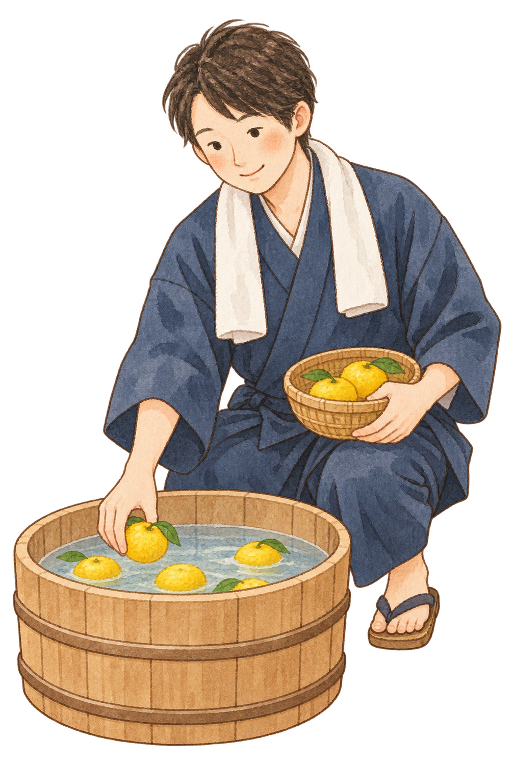 ゆず湯を準備する服を着た男性の水彩イラスト｜冬至の無料素材 103176に写真・文字を入れる