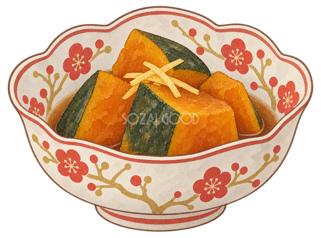 かぼちゃの煮物を和柄の小鉢にイラスト