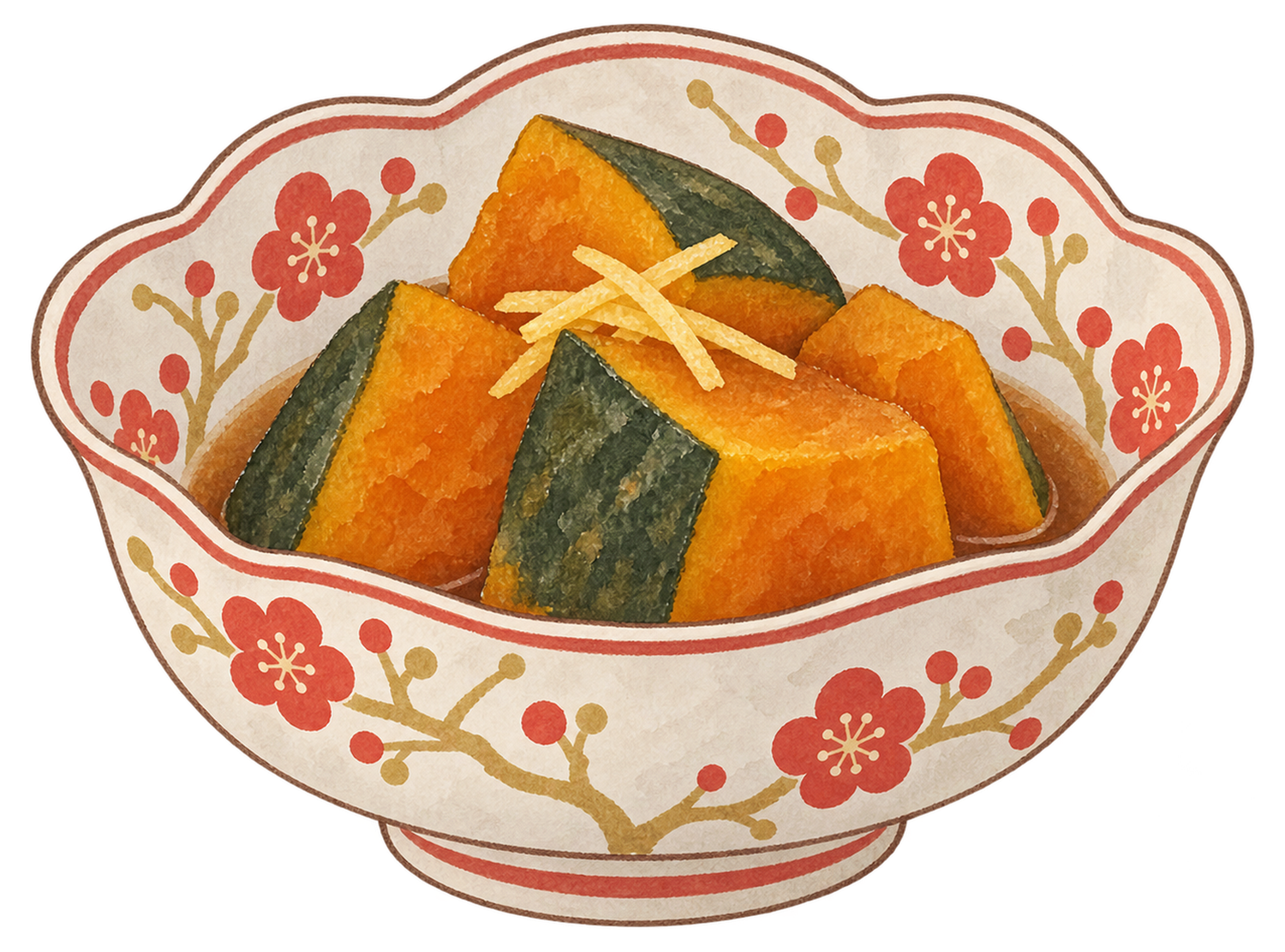 かぼちゃの煮物を和柄の小鉢にの水彩イラスト｜冬至の無料素材 103180に写真・文字を入れる