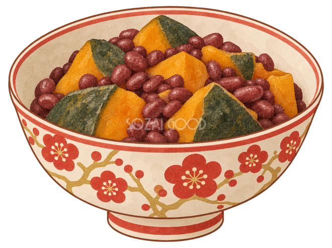小豆とかぼちゃのいとこ煮を和柄の器にイラスト