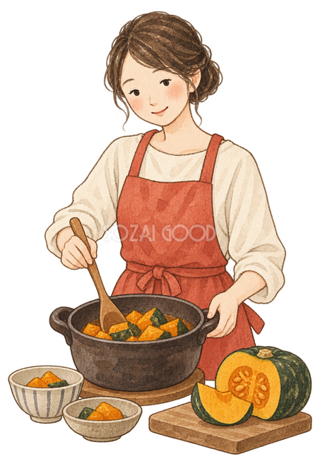 かぼちゃ料理を作る女性イラスト かぼちゃ料理を作る女性イラスト