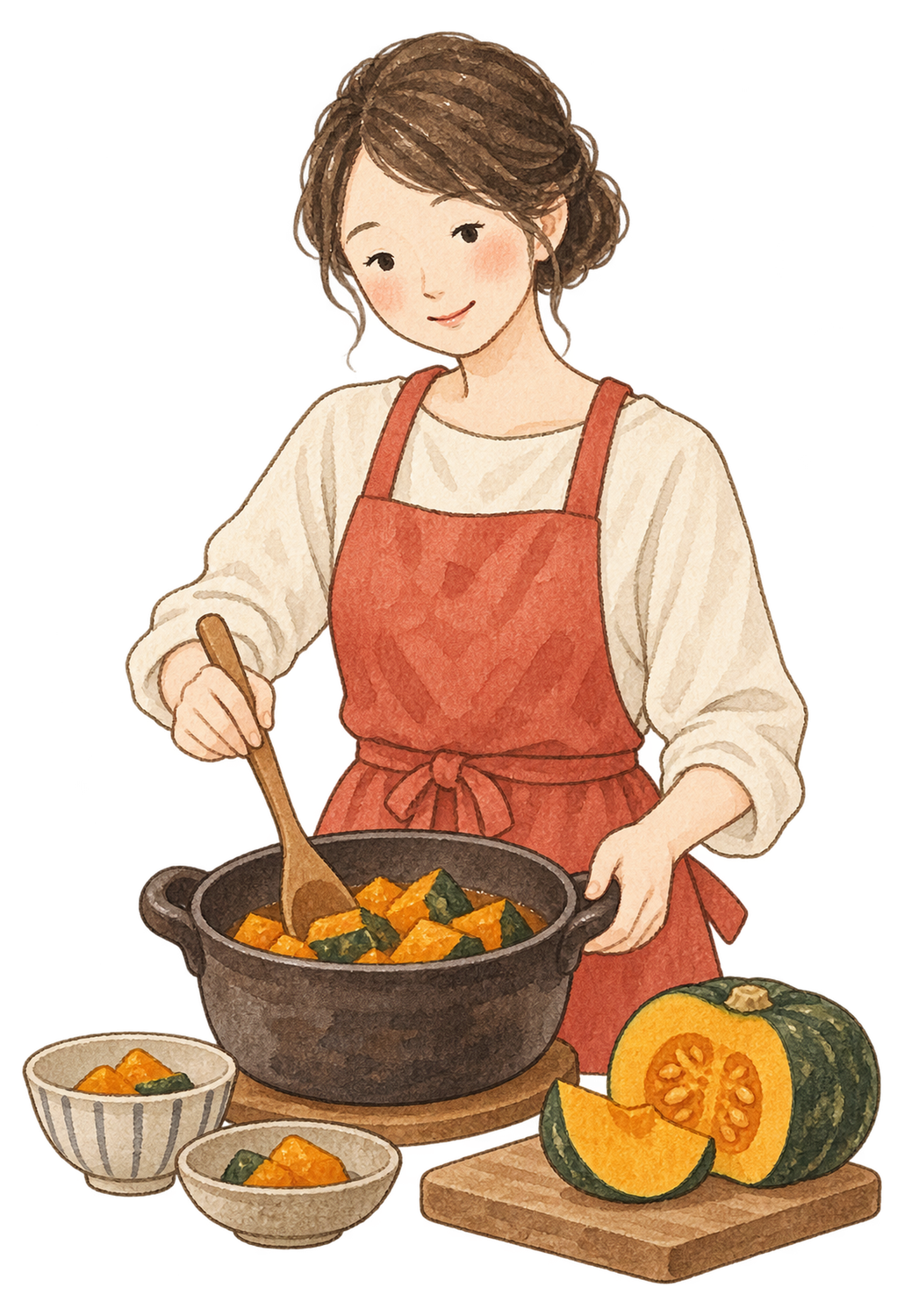 かぼちゃ料理を作る女性の水彩イラスト｜冬至の無料素材 103183に写真・文字を入れる