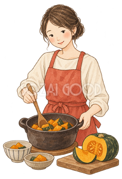 かぼちゃ料理を作る女性の水彩イラスト｜冬至の無料素材 103183