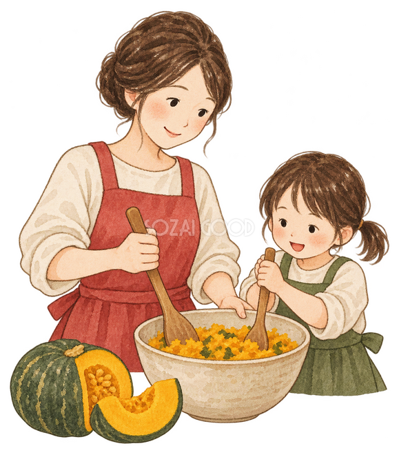 親子でかぼちゃを混ぜるイラスト 親子でかぼちゃを混ぜるイラスト