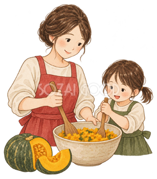 親子でかぼちゃを混ぜるの水彩イラスト｜冬至の無料素材 103184