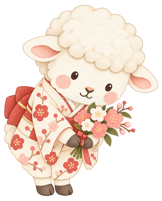 小さな花束で挨拶する羊