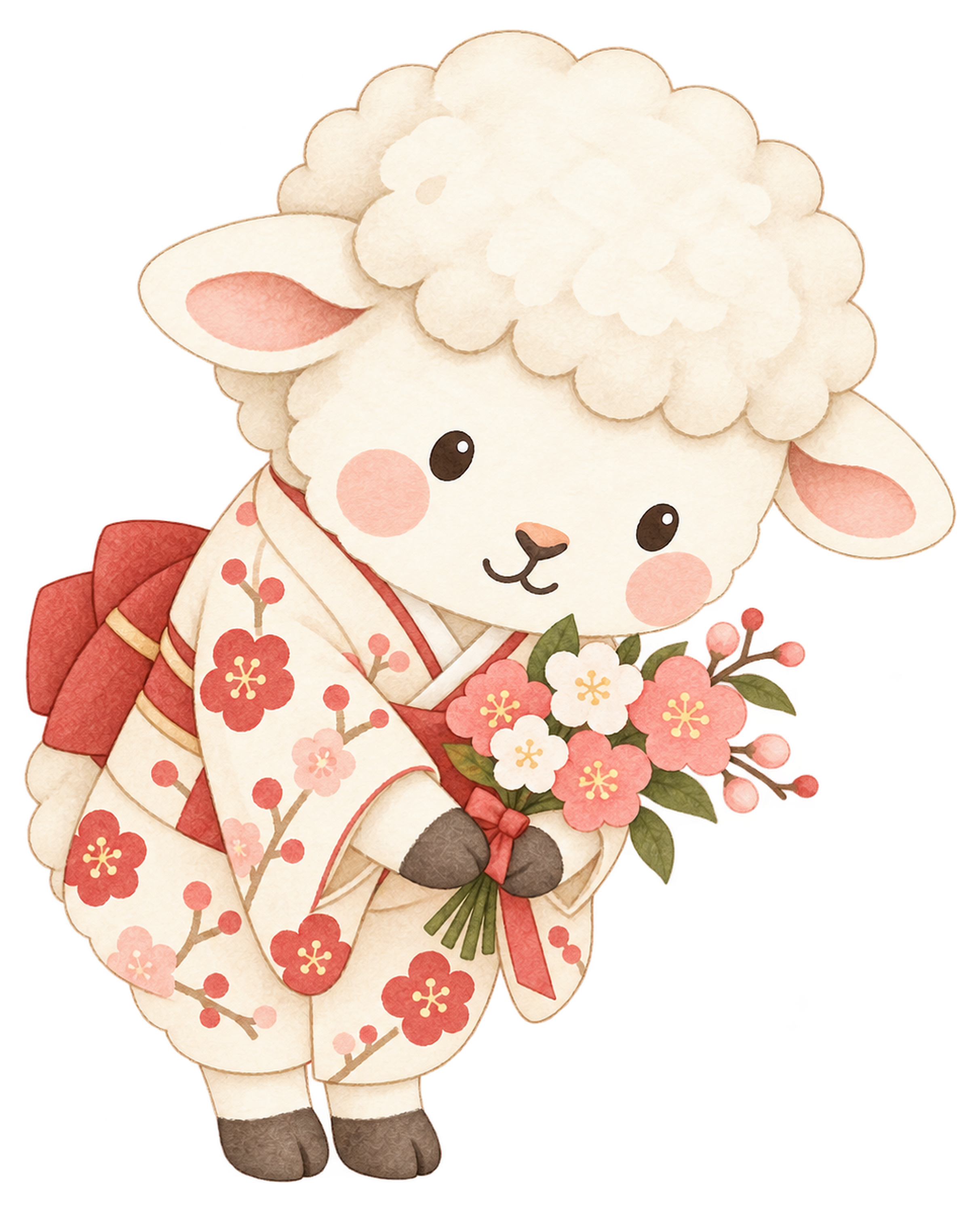 小さな花束で挨拶する羊のイラスト｜未年・お正月のかわいい無料素材 103203に写真・文字を入れる