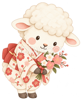 小さな花束で挨拶する羊のイラスト｜未年・お正月のかわいい無料素材 103203