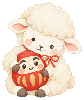 羊と赤いだるまのイラスト｜未年・お正月のかわいい無料素材 103213