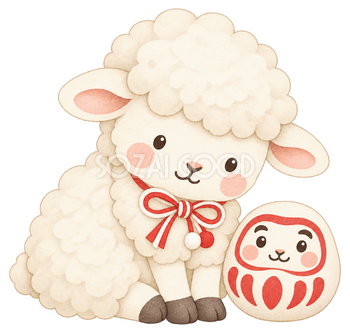 羊と白いだるまのイラスト｜未年・お正月のかわいい無料素材 103214