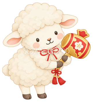 羊と打ち出の小槌のイラスト｜未年・お正月のかわいい無料素材 103219