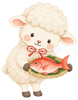 羊と鯛のイラスト｜未年・お正月のかわいい無料素材 103221