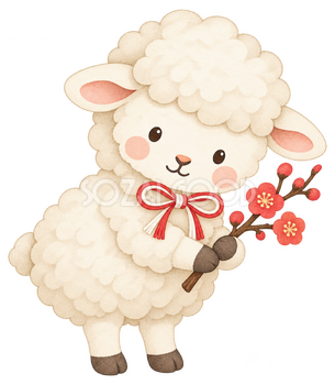 羊と紅梅のイラスト｜未年・お正月のかわいい無料素材 103223