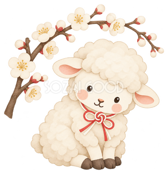 羊と白梅のイラスト｜未年・お正月のかわいい無料素材 103224