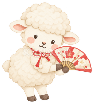 羊と扇のイラスト｜未年・お正月のかわいい無料素材 103227