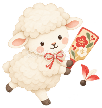 羊と羽子板のイラスト｜未年・お正月のかわいい無料素材 103228