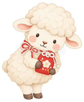 羊とお守りのイラスト｜未年・お正月のかわいい無料素材 103230
