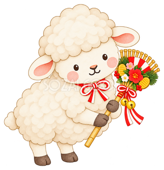 羊と縁起熊手のイラスト｜未年・お正月のかわいい無料素材 103233