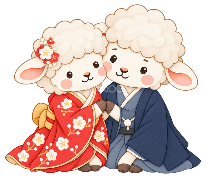 お祝いする羊夫婦 お祝いする羊夫婦
