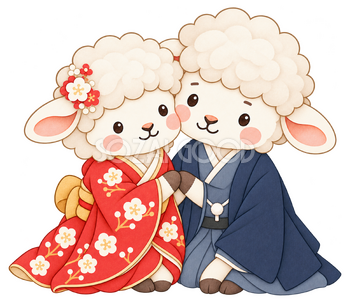 お祝いする羊夫婦のイラスト｜未年・お正月のかわいい無料素材 103399