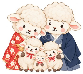 親子5匹の大家族のイラスト｜未年・お正月のかわいい無料素材 103404