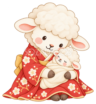 赤ちゃんを抱く母羊のイラスト｜未年・お正月のかわいい無料素材 103405