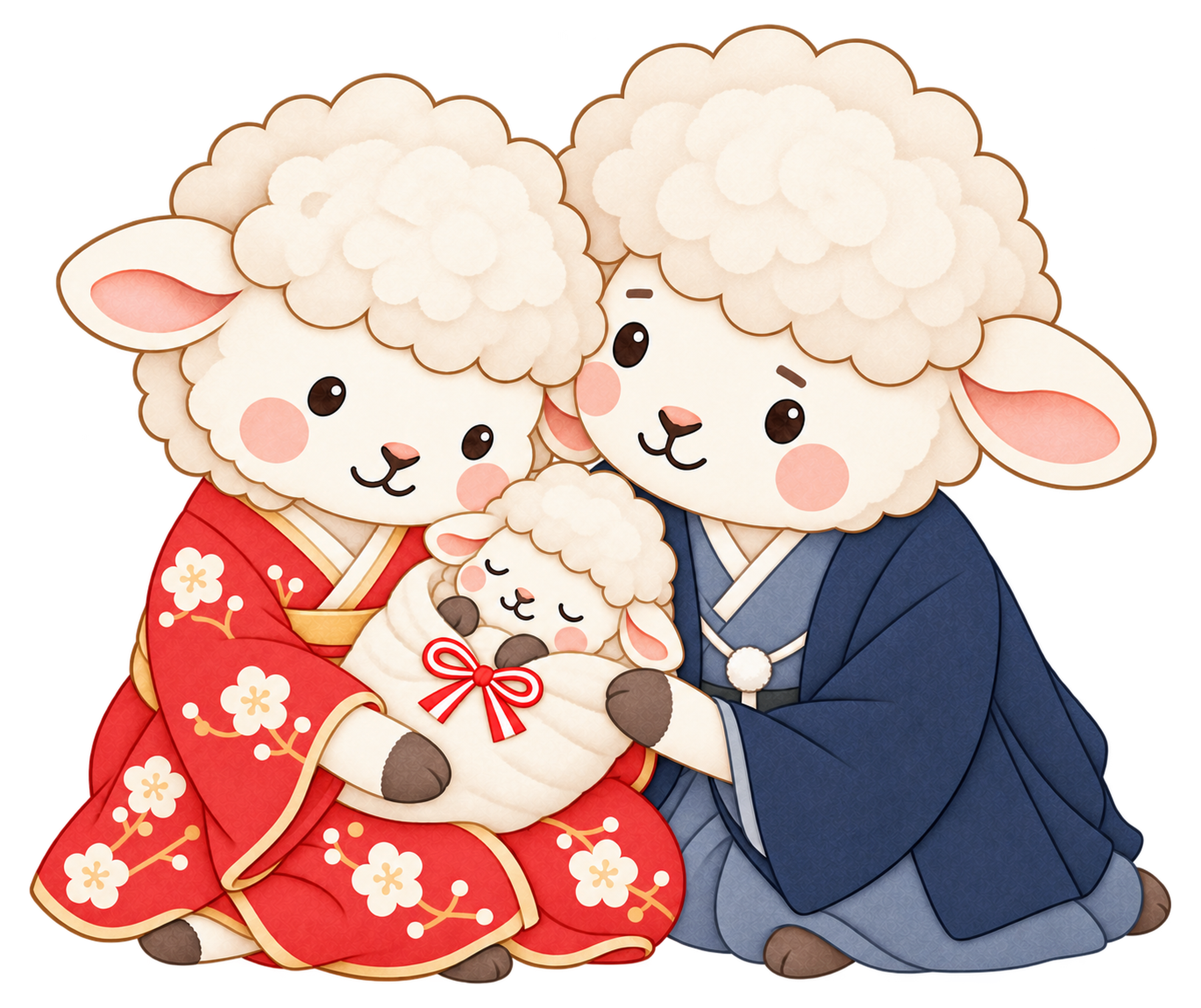 赤ちゃんを囲む羊夫婦のイラスト｜未年・お正月のかわいい無料素材 103406に写真・文字を入れる