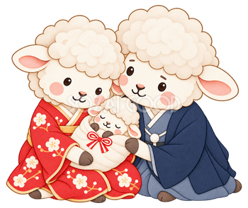 赤ちゃんを囲む羊夫婦のイラスト｜未年・お正月のかわいい無料素材 103406