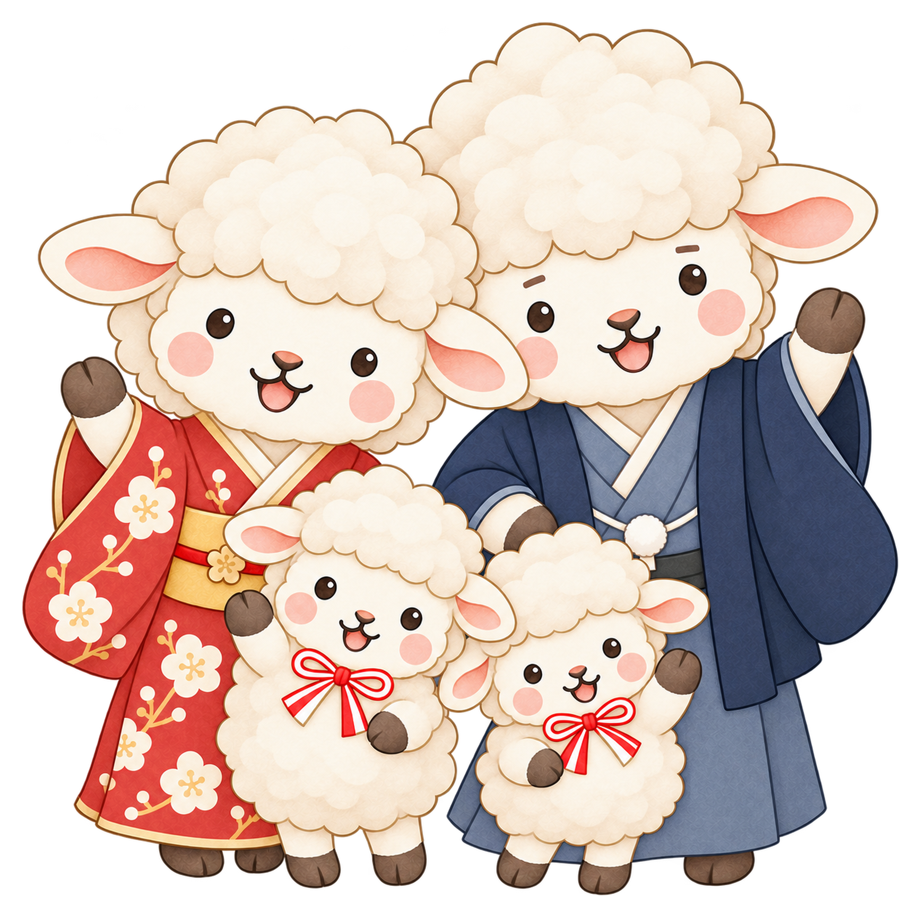 家族で手を振る羊のイラスト｜未年・お正月のかわいい無料素材 103416に写真・文字を入れる