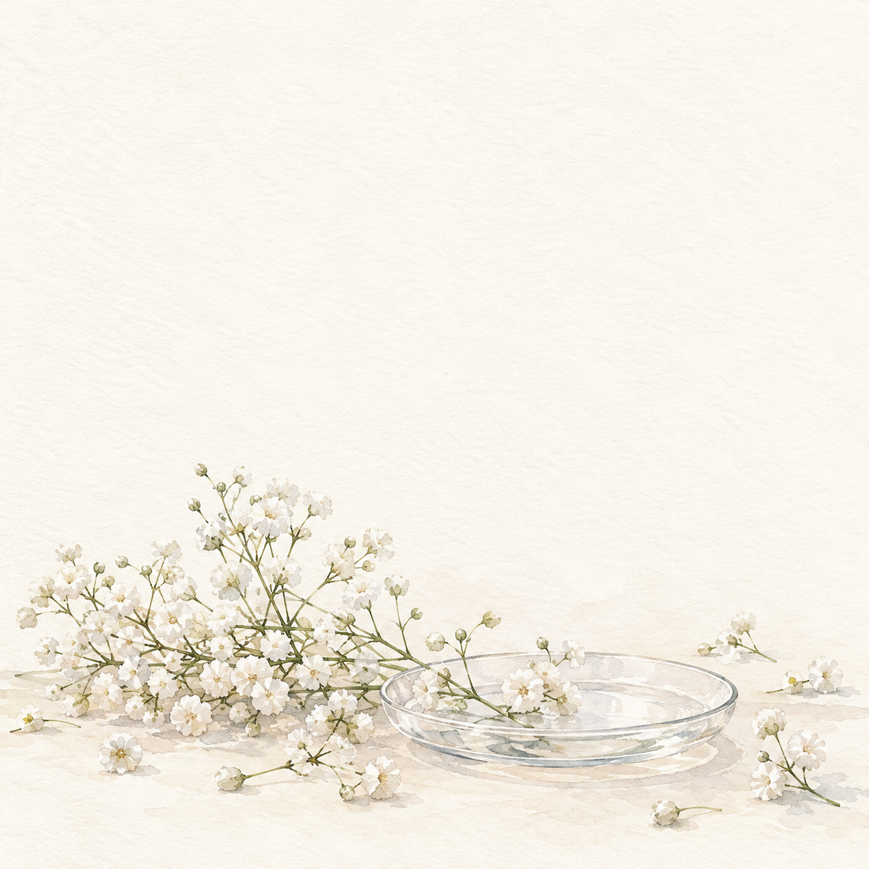 かすみ草と薄いガラス皿｜文字なしの無料背景イラスト素材 103420に写真・文字を入れる