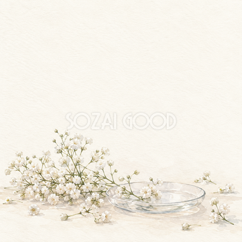 かすみ草と薄いガラス皿｜文字なしの無料背景イラスト素材 103420