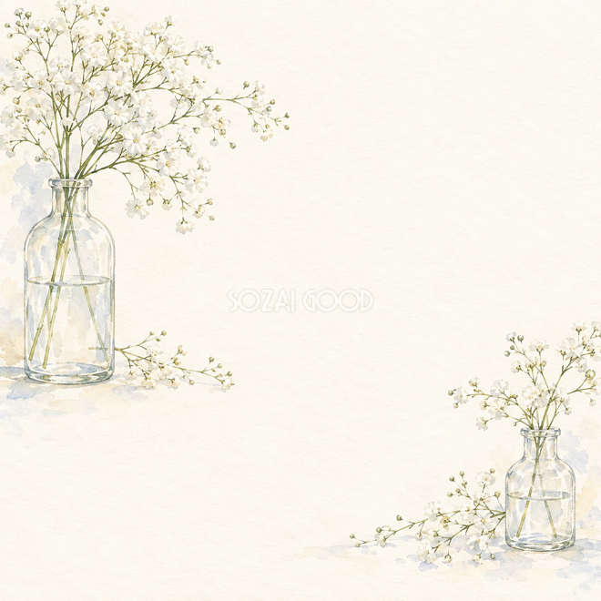 かすみ草・二つの小瓶と小花 かすみ草・二つの小瓶と小花