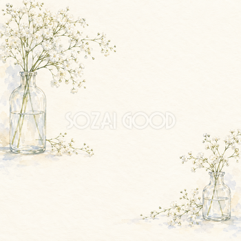 かすみ草の背景｜二つの小瓶と小花の無料イラスト素材 103422