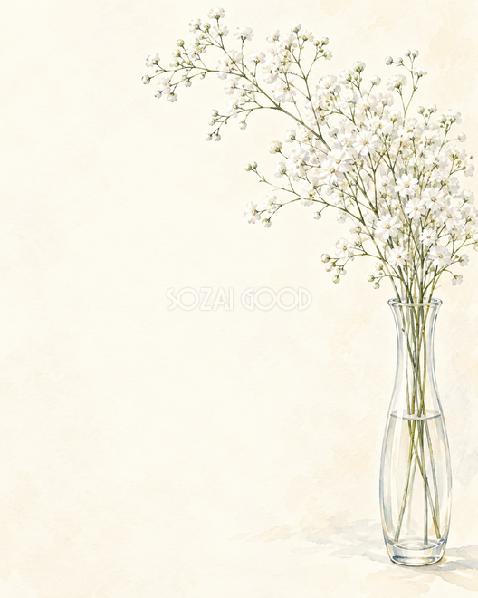かすみ草・細い花枝と背の高いガラス かすみ草・細い花枝と背の高いガラス