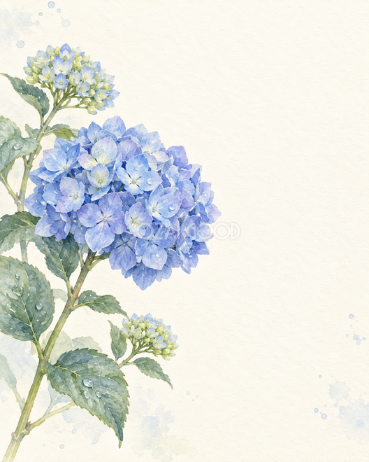 紫陽花・縦に伸びる枝と雨粒 紫陽花・縦に伸びる枝と雨粒