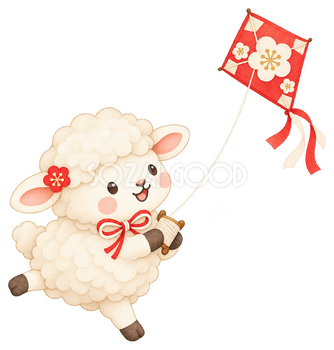 凧揚げする羊のイラスト｜未年・お正月のかわいい無料素材 103626