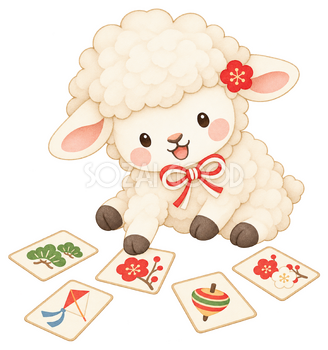 かるたを取る羊のイラスト｜未年・お正月のかわいい無料素材 103632