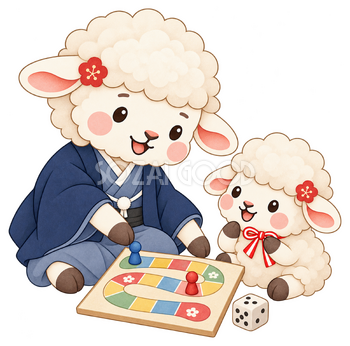 すごろくをする羊親子のイラスト｜未年・お正月のかわいい無料素材 103635