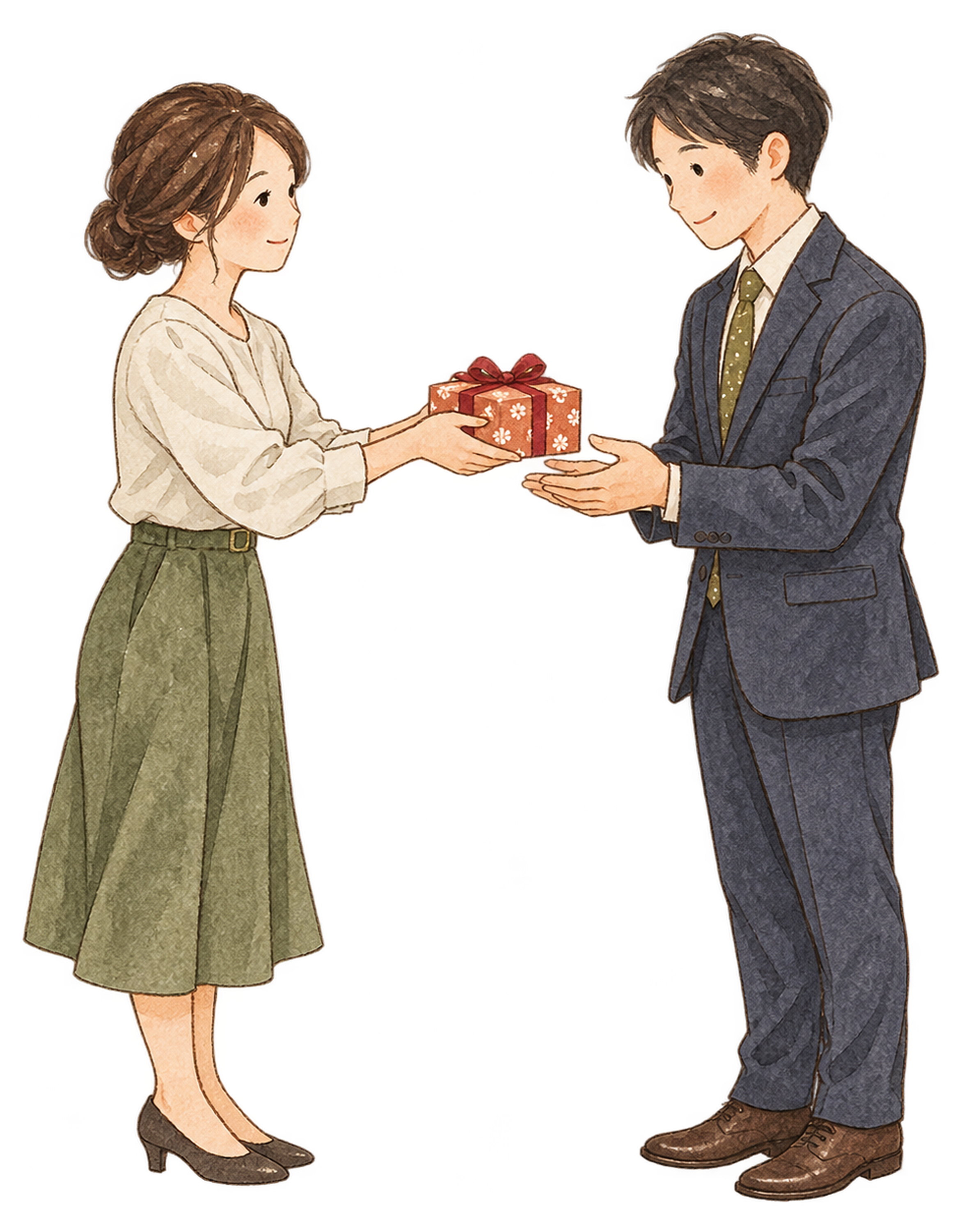 贈り物を渡す社員二人｜年末年始の無料ビジネス人物イラスト素材 103655に写真・文字を入れる