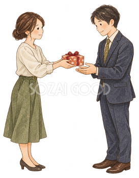贈り物を渡す社員二人｜年末年始の無料ビジネス人物イラスト素材 103655
