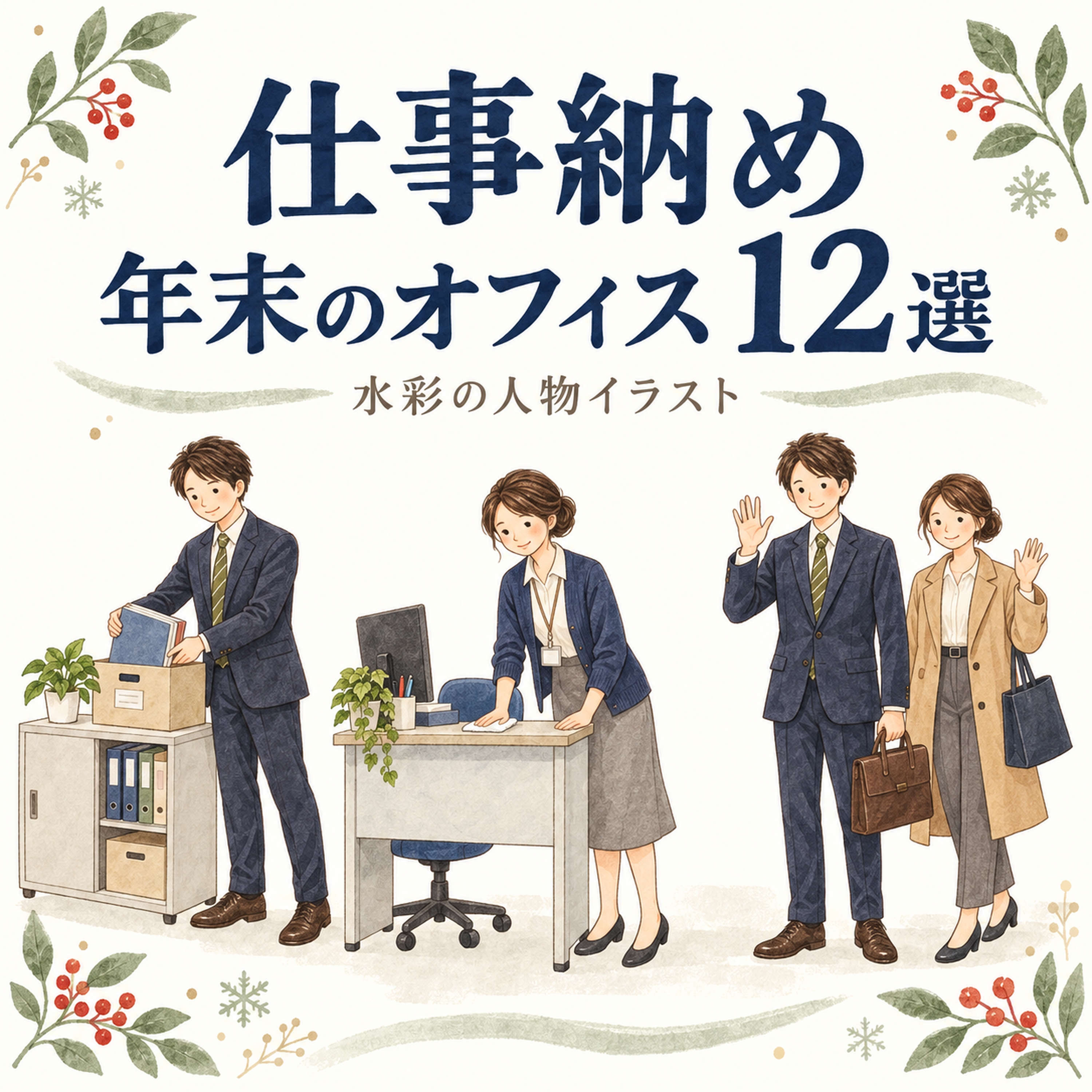 仕事納めと年末のオフィス12選｜年末年始の無料人物イラスト素材 103659に写真・文字を入れる