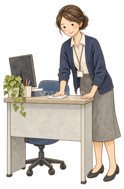 机を拭く女性社員 机を拭く女性社員