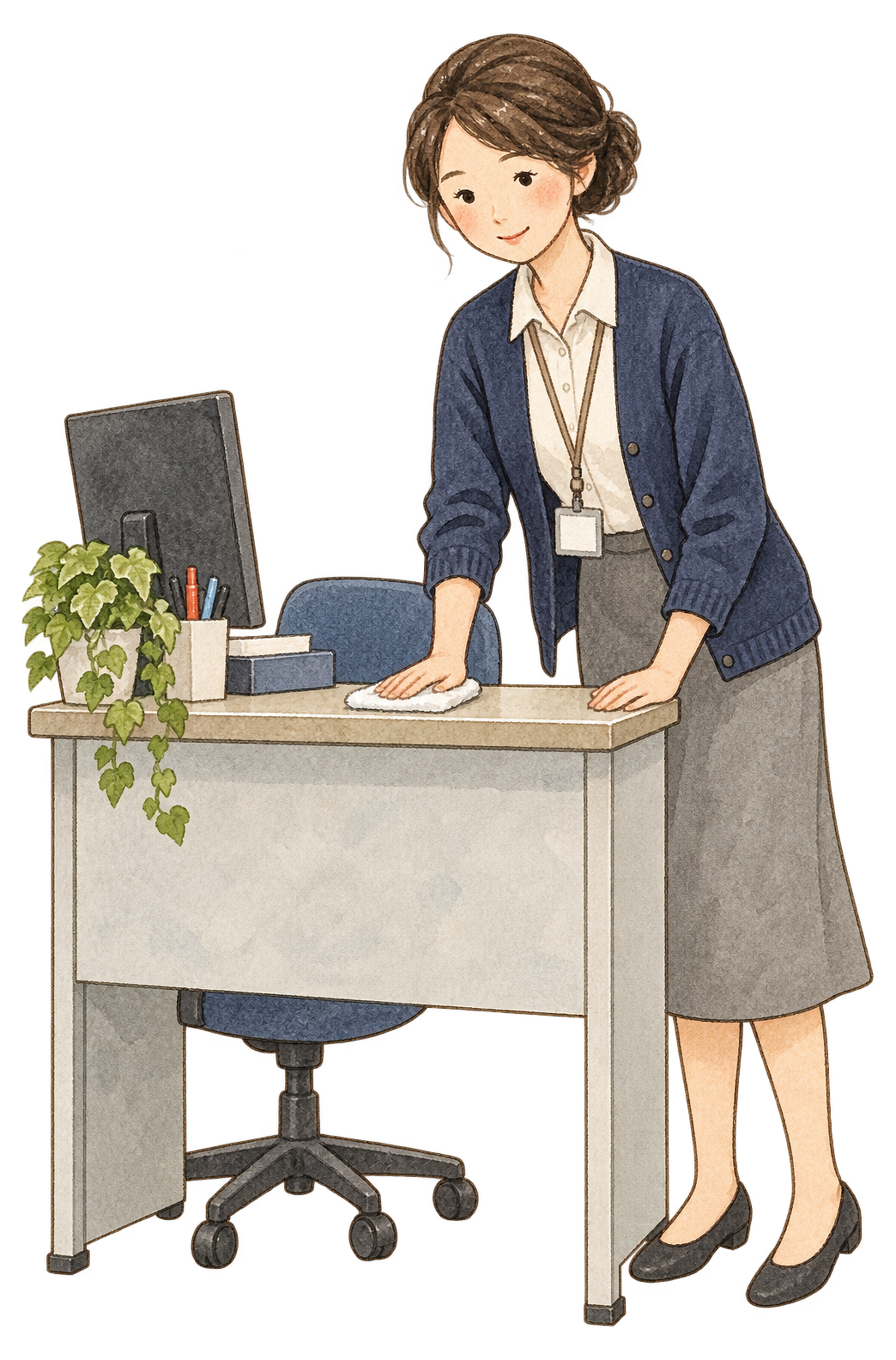 机を拭く女性社員｜年末年始の無料ビジネス人物イラスト素材 103661に写真・文字を入れる