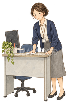 机を拭く女性社員｜年末年始の無料ビジネス人物イラスト素材 103661