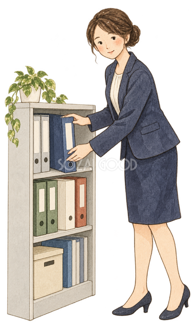 書類棚を整理する女性社員 書類棚を整理する女性社員