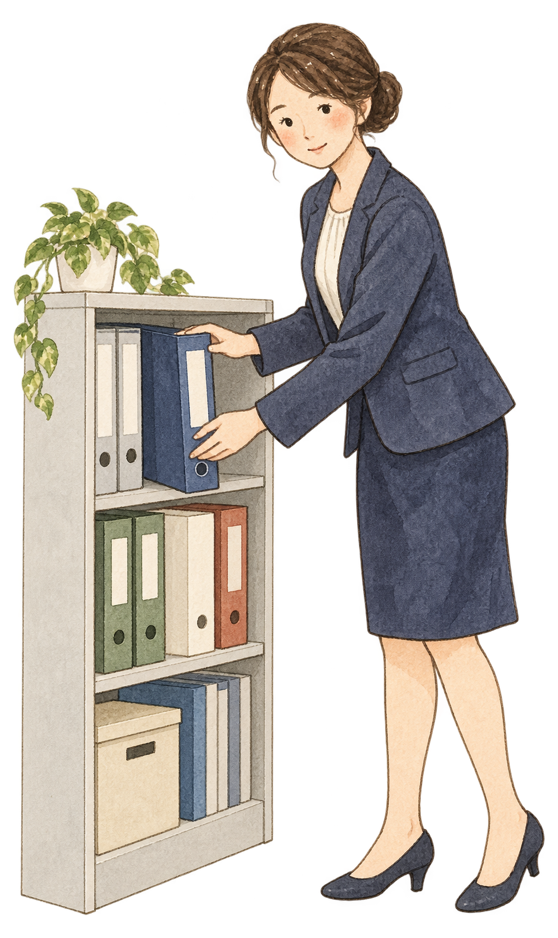 書類棚を整理する女性社員｜年末年始の無料ビジネス人物イラスト素材 103663に写真・文字を入れる