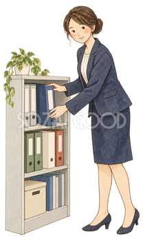 書類棚を整理する女性社員｜年末年始の無料ビジネス人物イラスト素材 103663