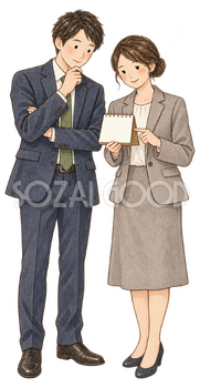 カレンダーを確認する社員二人｜年末年始の無料ビジネス人物イラスト素材 103664